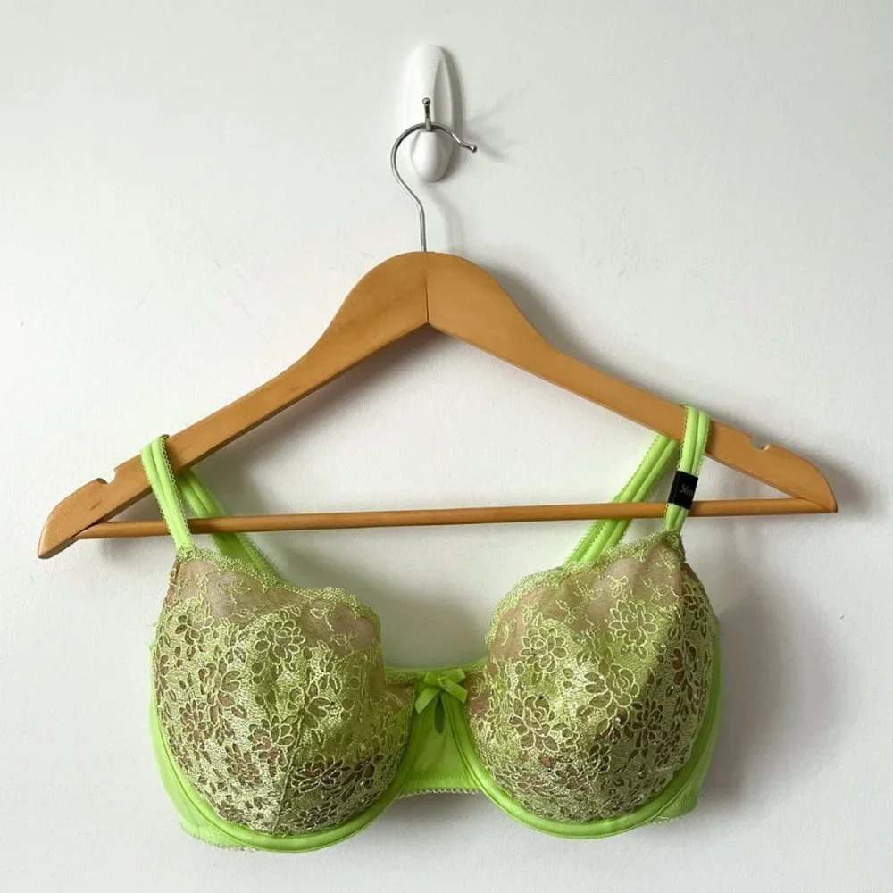 Victoria's Secret Balconet  Bra Green Floral Lace Rhinestone Gem 36D